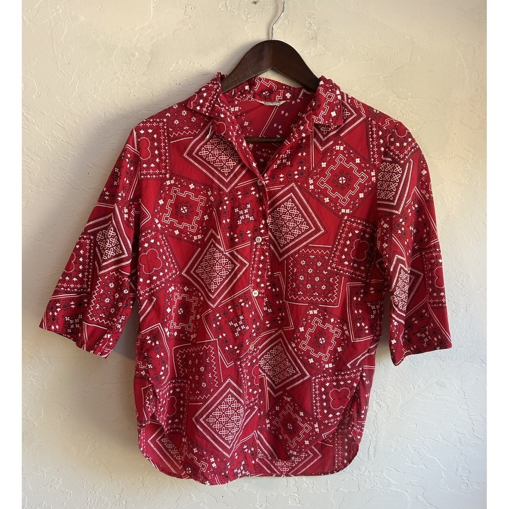 Vintage 60s Carole Sue Red Bandana Print Button Up Top M Western Boho Cowgirl